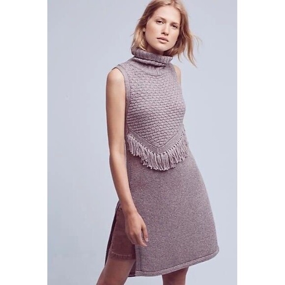 Anthro Nomad Morgan Carper Gray Fringe Sleeveless Side Slit Tunic Sweater Dress - Picture 1 of 14